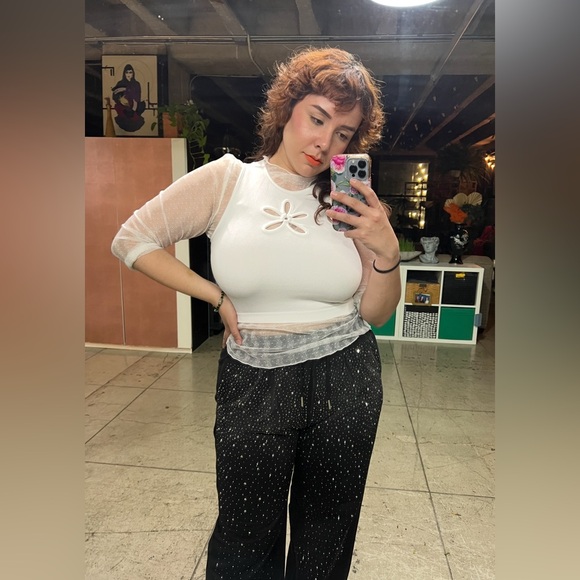 🟠 178B. Mesh Dotted Lace Stretch Sheer Top - White - Picture 9 of 9